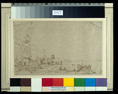 Tuulimylly ja taloryhmä, n. 1652-53 (ruokokynä ja muste pesulla paperille) tekijältä Rembrandt Harmensz. van Rijn
