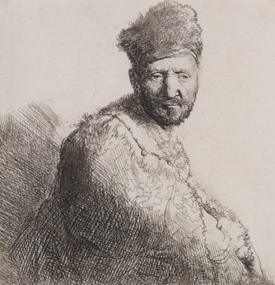 Parrakas mies karvaisessa itämaisessa lippassa ja -takissa tekijältä Rembrandt van Rijn