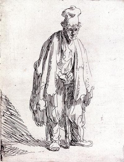 Kerjäläinen korkealakkisessa seisomassa (kynä ja muste paperille) tekijältä Rembrandt Harmensz. van Rijn