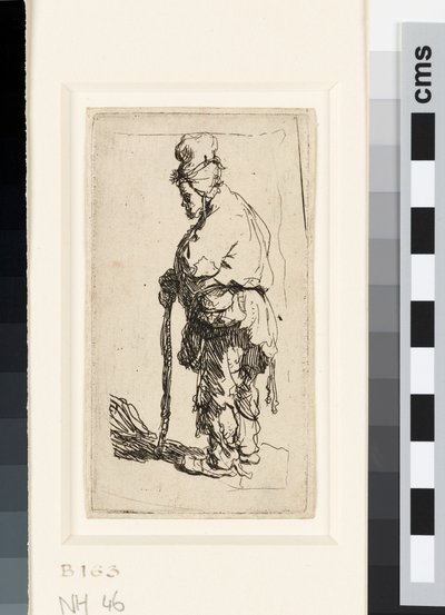 Keppiin nojaava kerjäläinen, n. 1630 (etsaus) tekijältä Rembrandt van Rijn