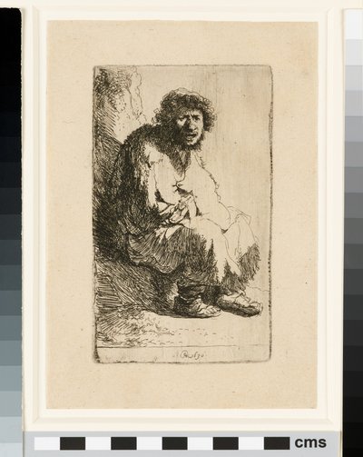 Kerjäläinen istuu pankissa tekijältä Rembrandt van Rijn