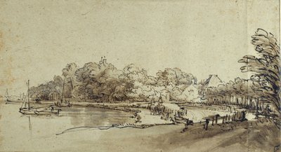 Mutka Amstelissa lähellä Kostverloren-taloa, 1650-luvun alku (kynä ja muste pesuaineella ja vartalovärillä paperilla) tekijältä Rembrandt Harmensz. van Rijn