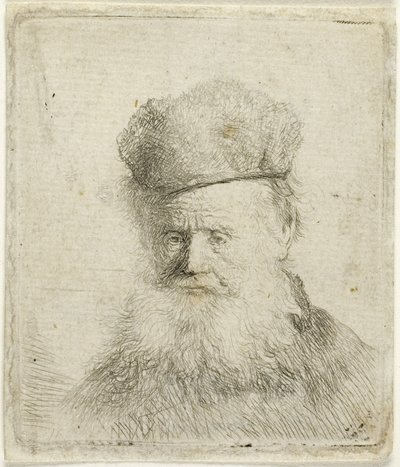 Vanhan miehen rintakuva, jossa on karvahattu ja virtaava parta, n. 1631 (etsaus paperille) tekijältä Rembrandt Harmensz. van Rijn