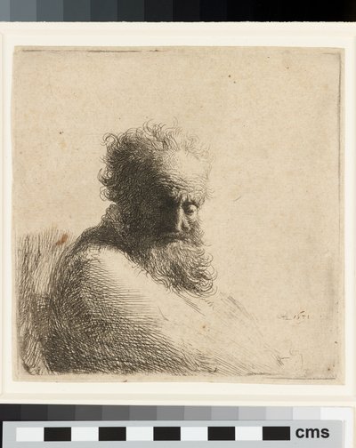 Vanhan parrakkaan miehen rintakuva, alaspäin katsova, kolme neljäsosaa oikealle. tekijältä Rembrandt Harmensz. van Rijn