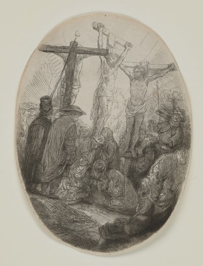 Kristus ristiinnaulittu kahden varkaan väliin: soikea levy, n. 1641 (etsaus ja kuivakärki) tekijältä Rembrandt van Rijn