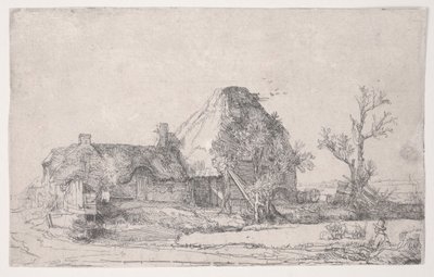 Mökki- ja maatilarakennukset, jossa mies luonnostelee, n. 1645 (etsaus) tekijältä Rembrandt van Rijn