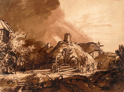 Mökit ennen myrskyistä taivasta (kynä ja muste) tekijältä Rembrandt van Rijn