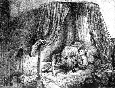 Pariskunta rakastelemassa sängyssä, kaiverrus Rembrandt van Rijn (1606-1669) 1646 tekijältä Rembrandt Harmensz. van Rijn