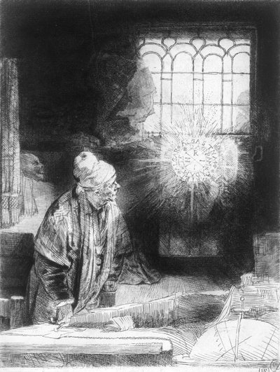 Tohtori Faustus tutkimuksessaan (kaiverrus) tekijältä Rembrandt van Rijn