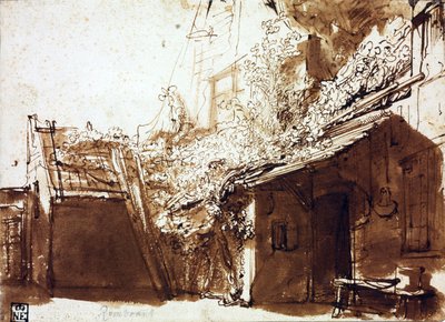 Maalaistalo valossa ja varjossa - Rembrandt van Rhijn (1606-1669) - 1635-1636 - Kynä, sivellin, ruskea väri paperilla - 16,2x22,5 cm - Szepmuveszeti Muzeum, Budapest tekijältä Rembrandt Harmensz. van Rijn