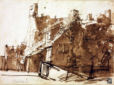 Maalaistalo auringonvalossa - Rembrandt van Rhijn (1606-1669) - 1635-1636 - Kynä, sivellin, ruskea väri paperilla - 16,4x22,3 cm - Szepmuveszeti Muzeum, Budapest tekijältä Rembrandt Harmensz. van Rijn