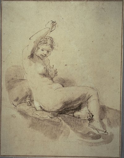 Nainen alaston makuuasentoon käsivarsi nostettuna, n. 1665 (kynä ja ruskea muste ja sivellin ja ruskea pesu, ruskeanruskealla paperilla) tekijältä Rembrandt Harmensz. van Rijn