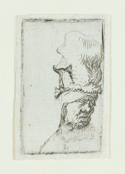 Miehen pää korkealla lippaalla (etsaus) tekijältä Rembrandt van Rijn