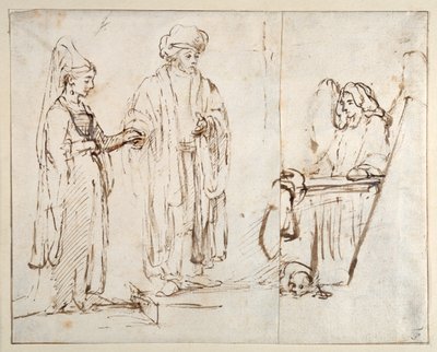 Laban tuo Lean Jaakobin luo, ja Jaakob peittää toisen piirustuksen katkelman; enkeli koiran kanssa makaamassa jalkojensa juuressa tekijältä Rembrandt Harmensz. van Rijn