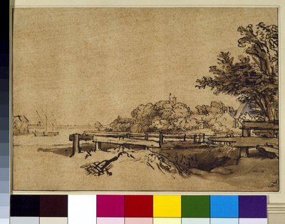 Maisema, n. 1650 (kynä ja muste ja pesu paperille) tekijältä Rembrandt Harmensz. van Rijn