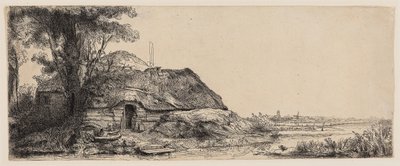 Maisema mökillä ja suurella puulla tekijältä Rembrandt Harmensz. van Rijn