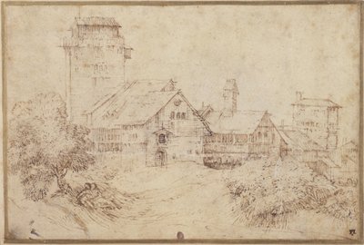 Maisema rakennuksia ja rakastajia syleilemässä Tizianin jälkeen (kynä ja ruskea muste punaisella liidulla paperilla) tekijältä Rembrandt Harmensz. van Rijn