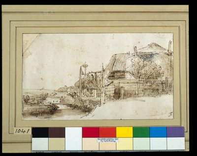 Maisema ja maatilarakennuksia oikealla (kynä ja muste pesulla paperille) tekijältä Rembrandt Harmensz. van Rijn