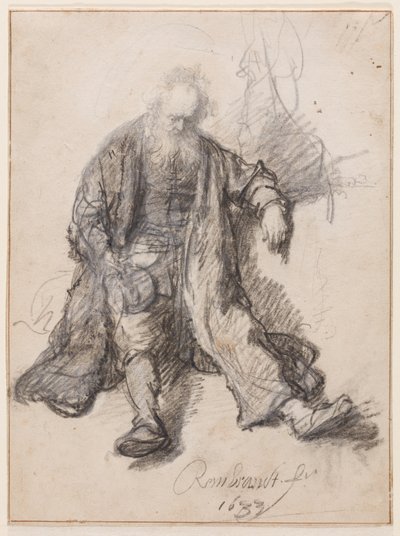 Old Man Seated (The Drunken Lot?), n. 1630-33 (kynä, liitu ja muste paperille) tekijältä Rembrandt Harmensz. van Rijn