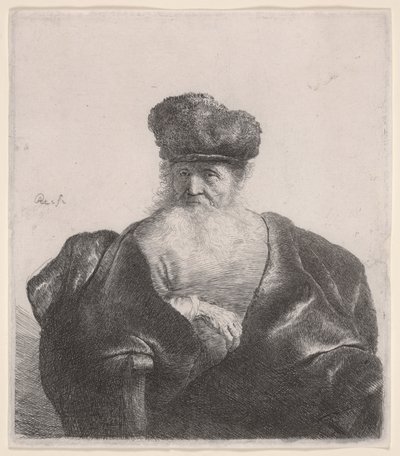 Vanhus, jolla on virtaava parta, turkislakka ja samettiviitta, n. 1632 (etsaus) tekijältä Rembrandt van Rijn