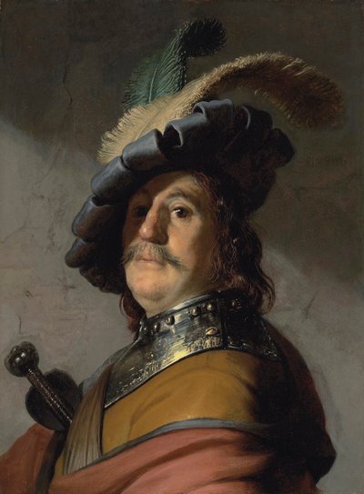 Muotokuva miehestä, jolla on rintakilpi ja höyhenbaretti - Rembrandt van Rijnin maalaus (1606-1669) tekijältä Rembrandt Harmensz. van Rijn