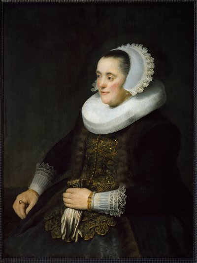 Muotokuva hollantilaisesta porvarillisesta naisesta, jolla on röyhelö ja päähine. (Maalaus tekijältä Rembrandt van Rijn