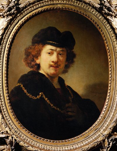 Taiteilijan muotokuva lippalakki ja kultaketju yllään tekijältä Rembrandt Harmensz. van Rijn