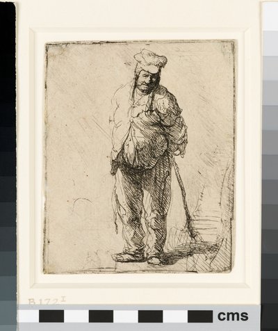 Räsytty talonpoika kädet takana, keppi kädessään, n. 1630 (etsaus) tekijältä Rembrandt van Rijn
