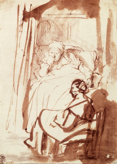 Saskia makaa sängyssä, nainen istuu hänen jalkojensa juuressa tekijältä Rembrandt Harmensz. van Rijn