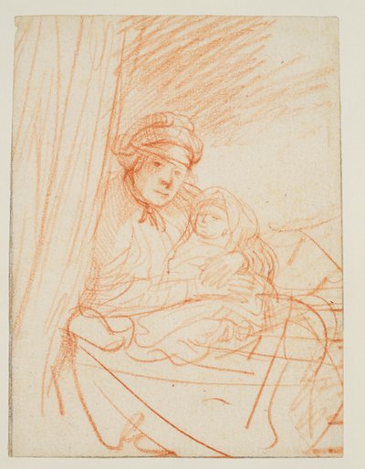 Saskia istuu sängyssä, lapsi kädessään, 1635 noin tekijältä Rembrandt van Rijn