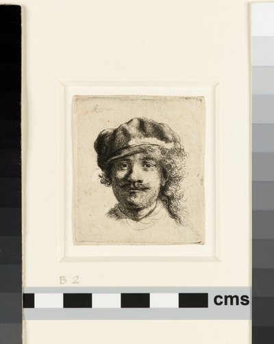 Omakuva pehmeällä lippaalla, n. 1634 (etsaus) tekijältä Rembrandt van Rijn