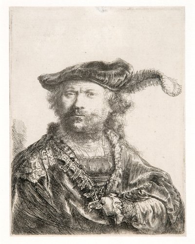 Omakuva samettilakki ja höyhenpuku päässään tekijältä Rembrandt Harmensz. van Rijn