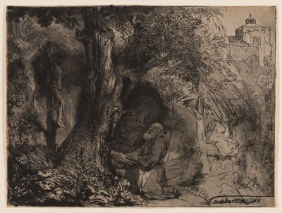 Pyhä Franciscus puun alla rukoilemassa tekijältä Rembrandt Harmensz. van Rijn