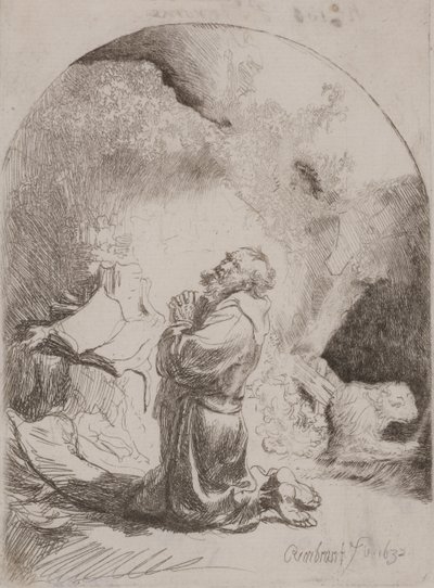 Pyhä Hieronymus rukoilee: Kaareva printti tekijältä Rembrandt van Rijn