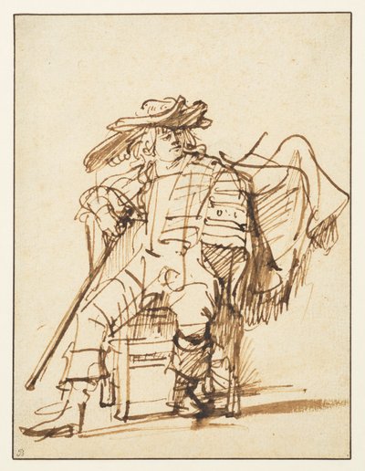 Tutkimus istuvasta näyttelijästä pöyhkeässä hatussa - Capitano Commedia dellistä"Arte, recto, 1636-c.1638 tekijältä Rembrandt van Rijn