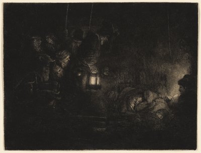 The Adoration of the Shepherds: A Night Piece, n. 1657 (etsaus, kuivakärki ja hauta mustalla norsunluupaperille) tekijältä Rembrandt Harmensz. van Rijn