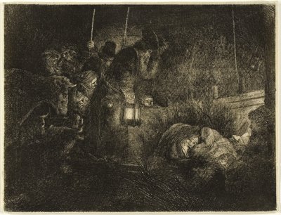 The Adoration of the Shepherds: A Night Piece, n. 1657 (etsaus paperille) tekijältä Rembrandt Harmensz. van Rijn