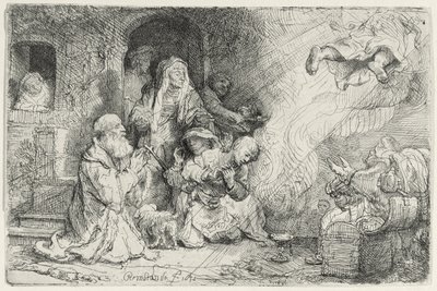 Enkeli lähtemässä Tobiaksen perheestä (kynä ja muste paperille) tekijältä Rembrandt van Rijn