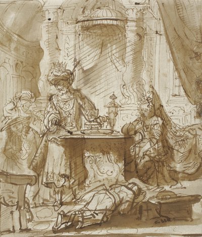 Hamanin rappio ennen Ahasverusta ja Esteriä tekijältä Rembrandt van Rijn
