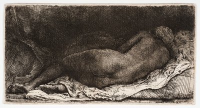 Alaston nainen, nukkumassa pakarat tuulessa, tekijältä Rembrandt Harmensz. van Rijn