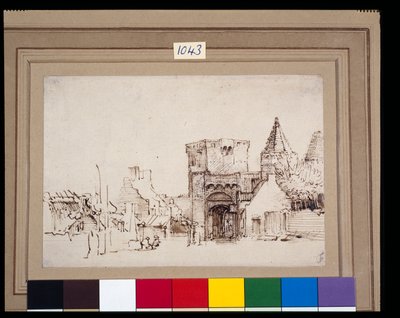 Rijnpoort Rhenenissä Gelderlandissa, n. 1649 (ruokokynä ja muste pesulla paperille) tekijältä Rembrandt Harmensz. van Rijn