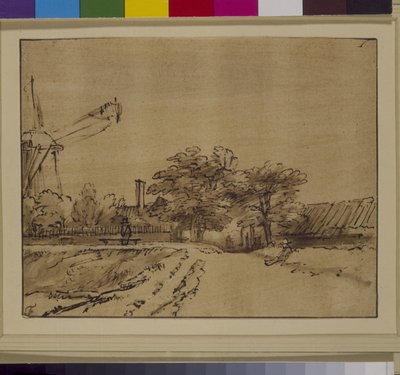 Tuulimylly Sint Anthonispoortin laiturilla, Amsterdam, n. 1650 (kynä ja muste paperille) tekijältä Rembrandt Harmensz. van Rijn