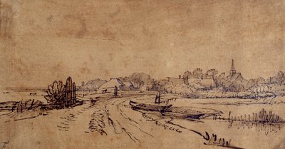 Näkymä Slotenista, n. 1650 (kynä ja muste ruskealla pesulla paperilla) tekijältä Rembrandt Harmensz. van Rijn