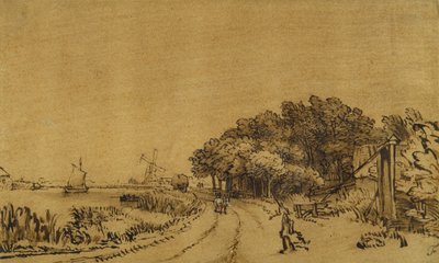 Näkymä Amstelille: Amsteldijkin tie, joka johtaa Trompenburgiin, n. 1649-1650 (kynä ja muste ruskealla pesulla ja valkoinen vartaloväri paperilla) tekijältä Rembrandt Harmensz. van Rijn