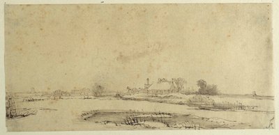 Vesi, niityt ja maatila (kynä ja muste paperille) tekijältä Rembrandt Harmensz. van Rijn