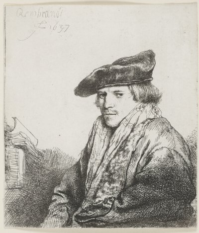 Nuori mies samettilakissa ja kirjoja vieressään tekijältä Rembrandt van Rijn
