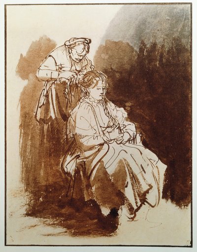 Nuori nainen wc:ssä. Vanhan neion hiukset. (mustepiirustus, n. 1635) tekijältä Rembrandt van Rijn