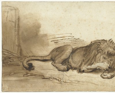 Makaava leijona etukäpälällä kuonon päällä tekijältä Rembrandt van Rijn (school of)