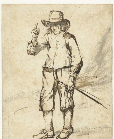 Poika seisomassa piiskalla ja nostamassa oikeaa kättään tekijältä Rembrandt van Rijn (school of)