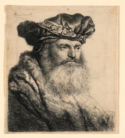 Parrakas mies, jolla on samettinen lippalakki jalokivilukolla tekijältä Rembrandt van Rijn